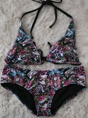 Ed Hardy Black Multicolor Tattoo-Print Bikini Set